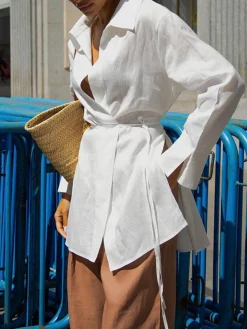 COMMENSE Blouses & Shirts|Tops^Cotton & Linen Long Sleeve Tied Blouse White