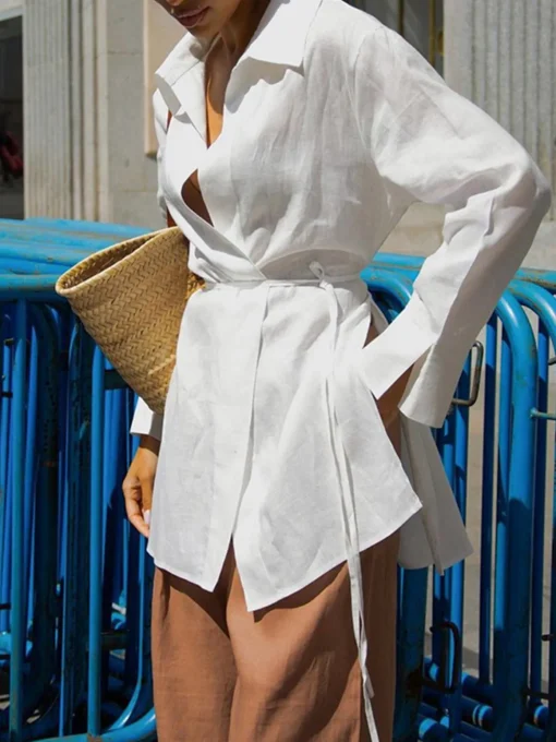 COMMENSE Blouses & Shirts|Tops^Cotton & Linen Long Sleeve Tied Blouse White