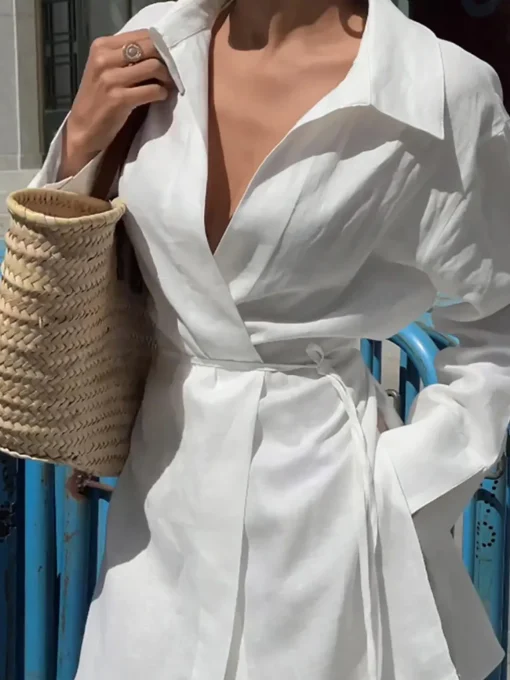 COMMENSE Blouses & Shirts|Tops^Cotton & Linen Long Sleeve Tied Blouse White