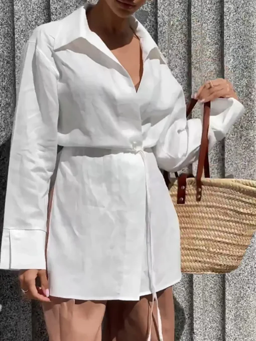 COMMENSE Blouses & Shirts|Tops^Cotton & Linen Long Sleeve Tied Blouse White