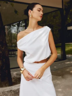 COMMENSE Blouses & Shirts|Matching Sets^Cotton & Linen One Shoulder Off Blouse White
