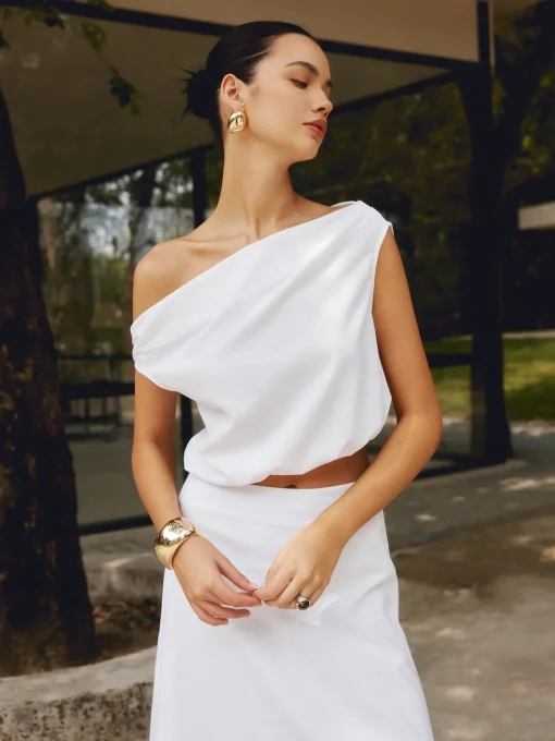 COMMENSE Blouses & Shirts|Matching Sets^Cotton & Linen One Shoulder Off Blouse White