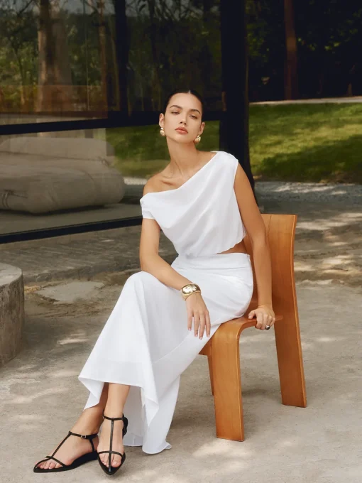 COMMENSE Blouses & Shirts|Matching Sets^Cotton & Linen One Shoulder Off Blouse White