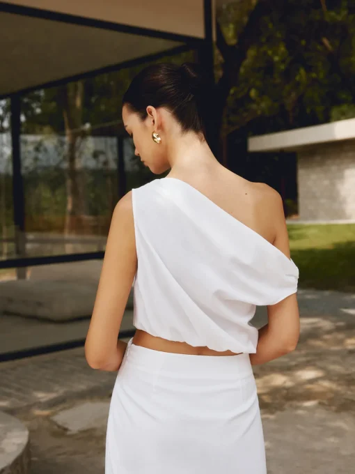 COMMENSE Blouses & Shirts|Matching Sets^Cotton & Linen One Shoulder Off Blouse White