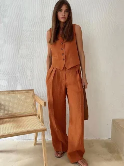 COMMENSE Pants Sets|Matching Sets^Cotton & Linen Pants Set Orange
