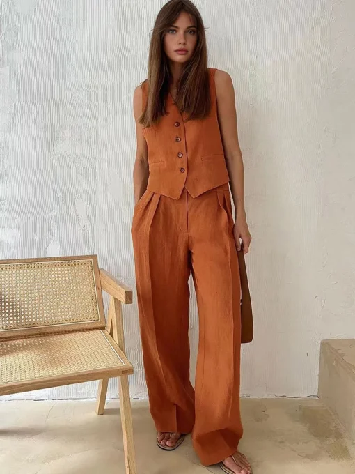 COMMENSE Pants Sets|Matching Sets^Cotton & Linen Pants Set Orange