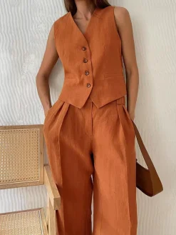 COMMENSE Pants Sets|Matching Sets^Cotton & Linen Pants Set Orange