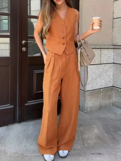 COMMENSE Pants Sets|Matching Sets^Cotton & Linen Pants Set Orange