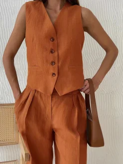COMMENSE Pants Sets|Matching Sets^Cotton & Linen Pants Set Orange