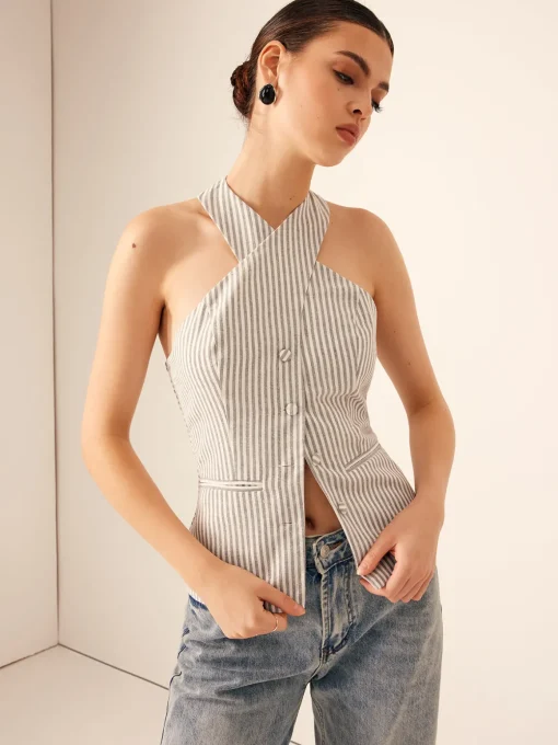 COMMENSE Tank Tops & Camis|Tops^Cotton & Linen Pinstripe Slim Halter Top LightGrey