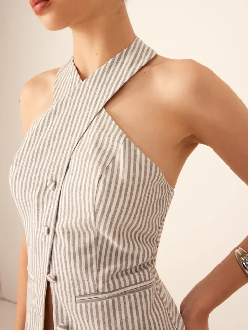 COMMENSE Tank Tops & Camis|Tops^Cotton & Linen Pinstripe Slim Halter Top LightGrey