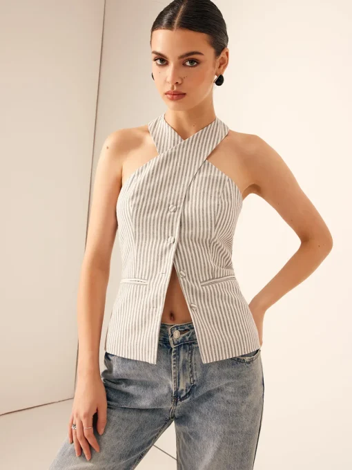 COMMENSE Tank Tops & Camis|Tops^Cotton & Linen Pinstripe Slim Halter Top LightGrey