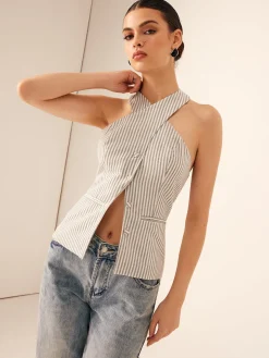 COMMENSE Tank Tops & Camis|Tops^Cotton & Linen Pinstripe Slim Halter Top LightGrey