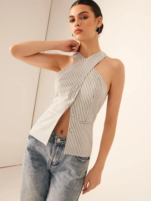 COMMENSE Tank Tops & Camis|Tops^Cotton & Linen Pinstripe Slim Halter Top LightGrey