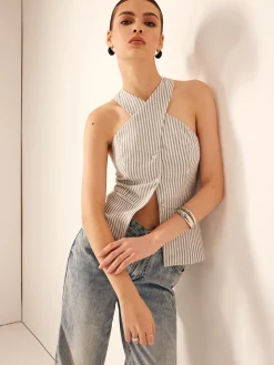 COMMENSE Tank Tops & Camis|Tops^Cotton & Linen Pinstripe Slim Halter Top LightGrey