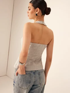 COMMENSE Tank Tops & Camis|Tops^Cotton & Linen Pinstripe Slim Halter Top LightGrey