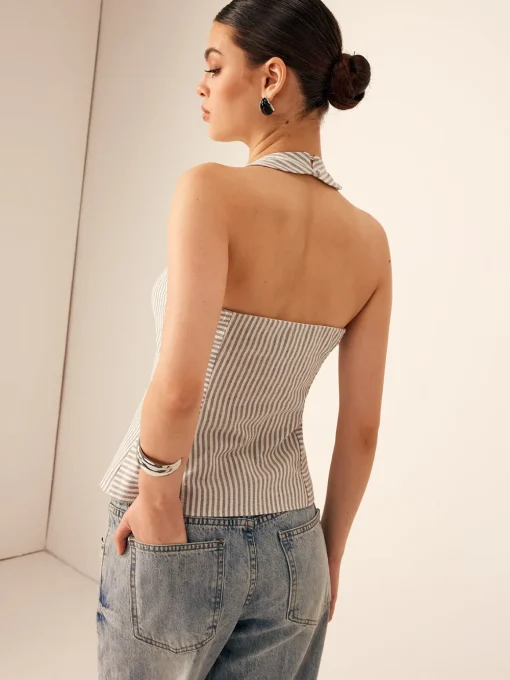 COMMENSE Tank Tops & Camis|Tops^Cotton & Linen Pinstripe Slim Halter Top LightGrey