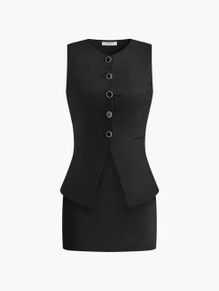 COMMENSE Skirt Sets|Long Sleeve Sets^Cotton & Linen Skirt Set Black
