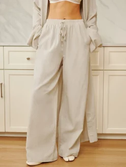 COMMENSE Long Sleeve Sets|Pants^Cotton & Linen Solid Drawstring Pants Off-White
