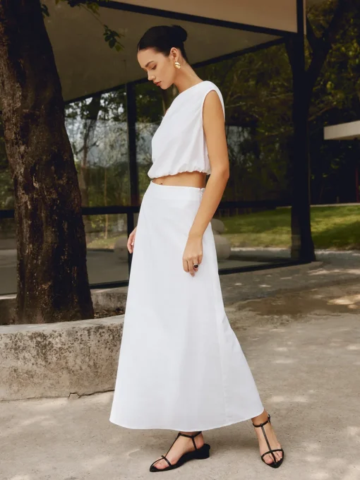 COMMENSE Skirts|Matching Sets^Cotton & Linen Solid Maxi Skirt White