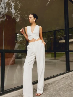 COMMENSE Pants|Matching Sets^Cotton & Linen Straight Leg Pants White