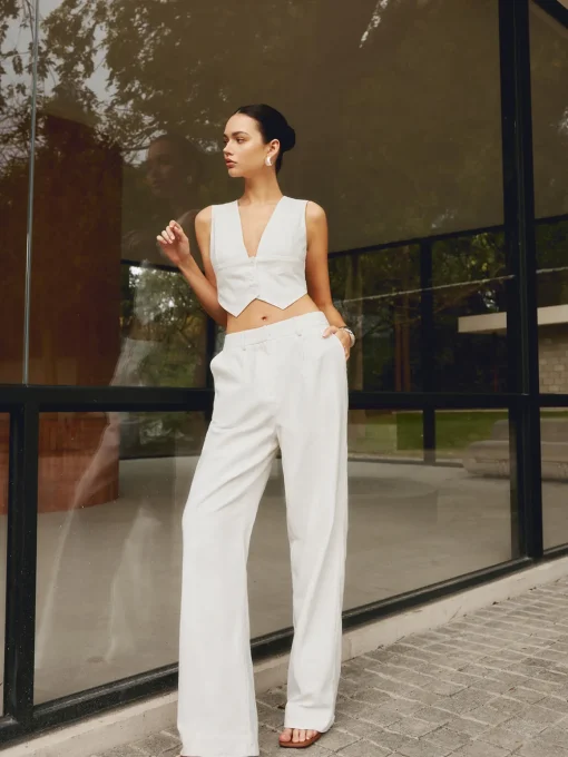 COMMENSE Pants|Matching Sets^Cotton & Linen Straight Leg Pants White