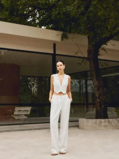 COMMENSE Pants|Matching Sets^Cotton & Linen Straight Leg Pants White