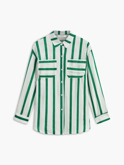 COMMENSE Blouses & Shirts|Tops^Cotton & Linen Stripe Shirt Green