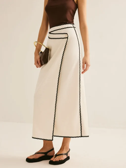 COMMENSE Skirts|Bottoms^Cotton & Linen Wave Trim Midi Skirt Off-White