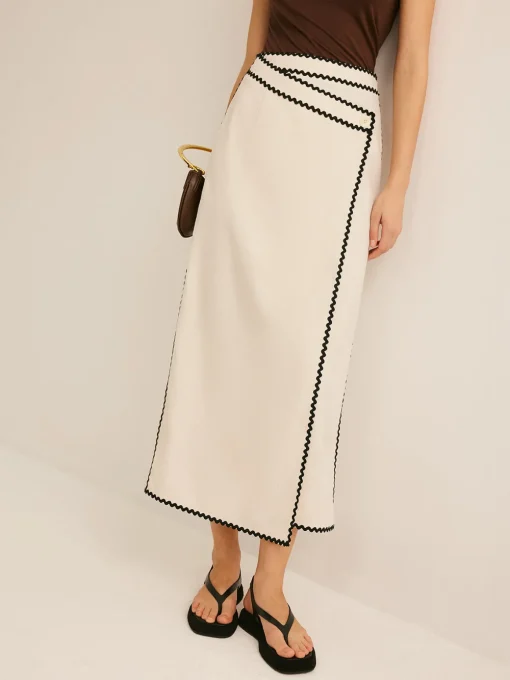 COMMENSE Skirts|Bottoms^Cotton & Linen Wave Trim Midi Skirt Off-White