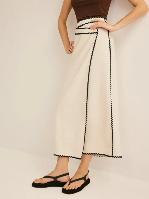 COMMENSE Skirts|Bottoms^Cotton & Linen Wave Trim Midi Skirt Off-White