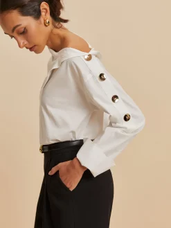 COMMENSE Blouses & Shirts|Tops^Cotton Asymmetrical Metal Button Shirt White