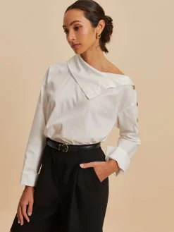 COMMENSE Blouses & Shirts|Tops^Cotton Asymmetrical Metal Button Shirt White