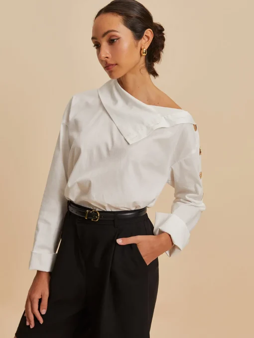 COMMENSE Blouses & Shirts|Tops^Cotton Asymmetrical Metal Button Shirt White