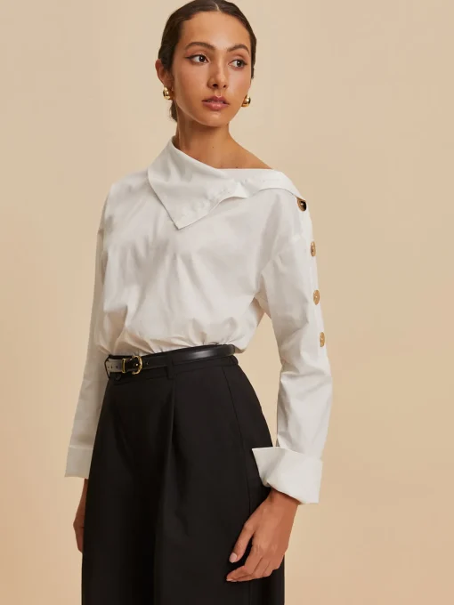 COMMENSE Blouses & Shirts|Tops^Cotton Asymmetrical Metal Button Shirt White