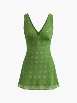 COMMENSE Work Dresses|Vacation Dresses^Cotton Blends Drawstring V-Neck Dress Green
