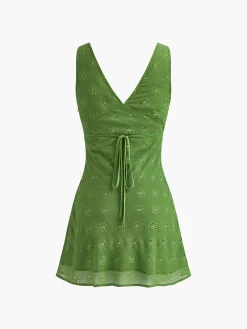 COMMENSE Work Dresses|Vacation Dresses^Cotton Blends Drawstring V-Neck Dress Green