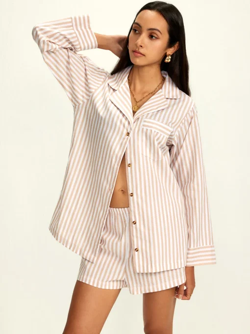 COMMENSE Shorts Sets|Shorts^Cotton Blends Lapel Pinstripe Shorts Set Khaki