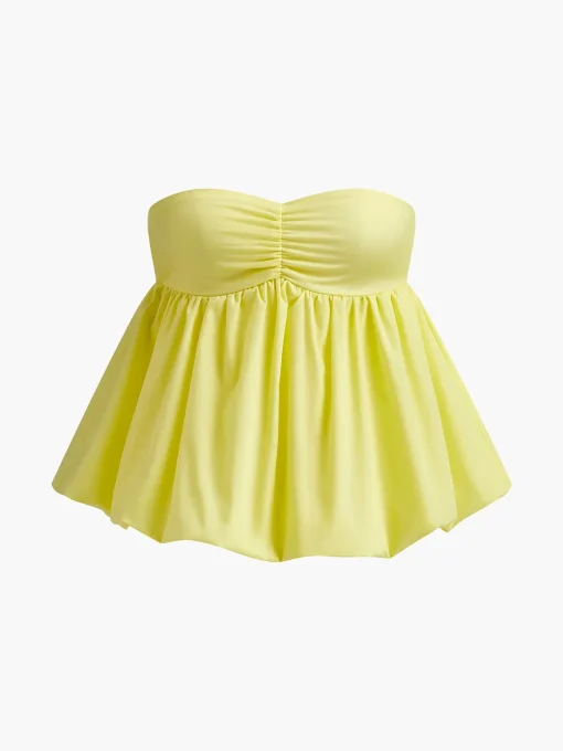 COMMENSE Tops^Cotton Blends Shirred Bubble Blouse Yellow