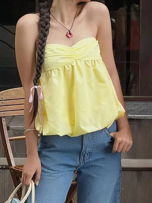 COMMENSE Tops^Cotton Blends Shirred Bubble Blouse Yellow
