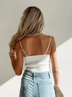 COMMENSE Tank Tops & Camis|Tops^Cotton Button-Front Lace Trim Cami Top White