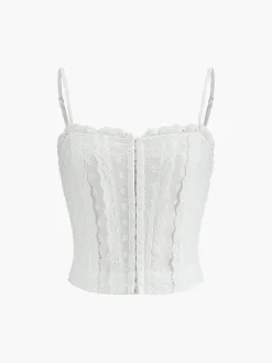 COMMENSE Tank Tops & Camis|Tops^Cotton Button-Front Lace Trim Cami Top White