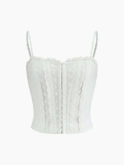 COMMENSE Tank Tops & Camis|Tops^Cotton Button-Front Lace Trim Cami Top White