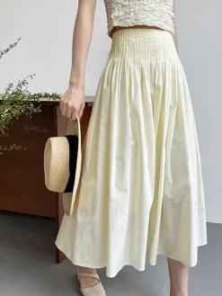 COMMENSE Skirts|Bottoms^Cotton Creamy Pleated Maxi Skirt White