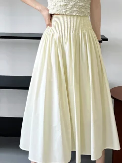 COMMENSE Skirts|Bottoms^Cotton Creamy Pleated Maxi Skirt White