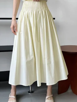 COMMENSE Skirts|Bottoms^Cotton Creamy Pleated Maxi Skirt White