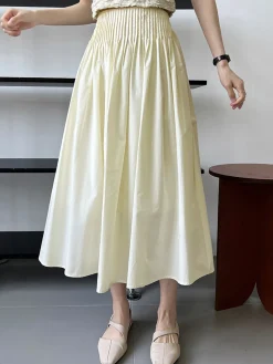 COMMENSE Skirts|Bottoms^Cotton Creamy Pleated Maxi Skirt White