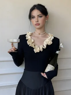 COMMENSE Blouses & Shirts|Tops^Cotton Floral Trim Slim Blouse BlackandWhite