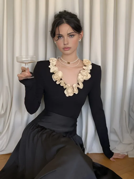 COMMENSE Blouses & Shirts|Tops^Cotton Floral Trim Slim Blouse BlackandWhite