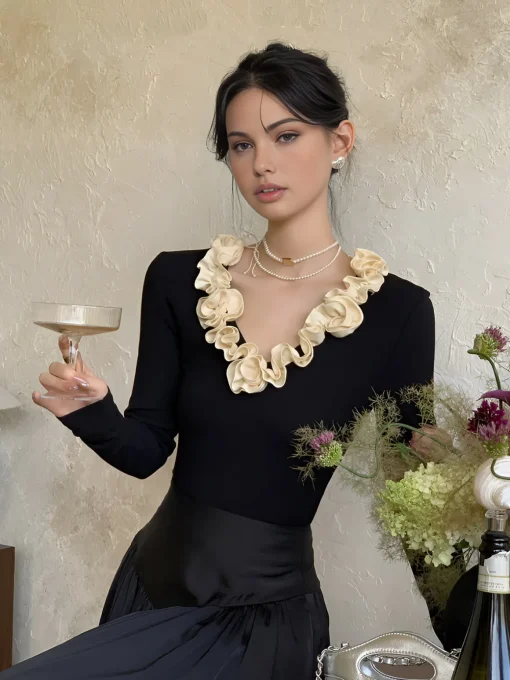 COMMENSE Blouses & Shirts|Tops^Cotton Floral Trim Slim Blouse BlackandWhite